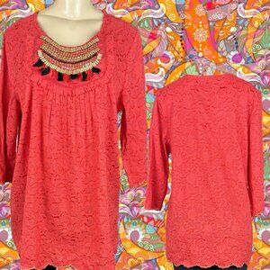 Denim 24/7 12W Orange Embroidered Detail Crew Beaded Fringe 3/4 Sleeve Blouse